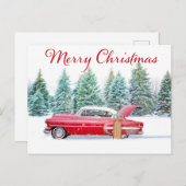 赤いシボレーのクリスマス シーズンポストカード (正面/裏面)