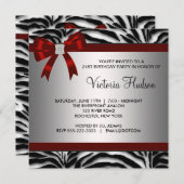 赤いシマウマの女の子の誕生日パーティー 招待状 (正面/裏面)