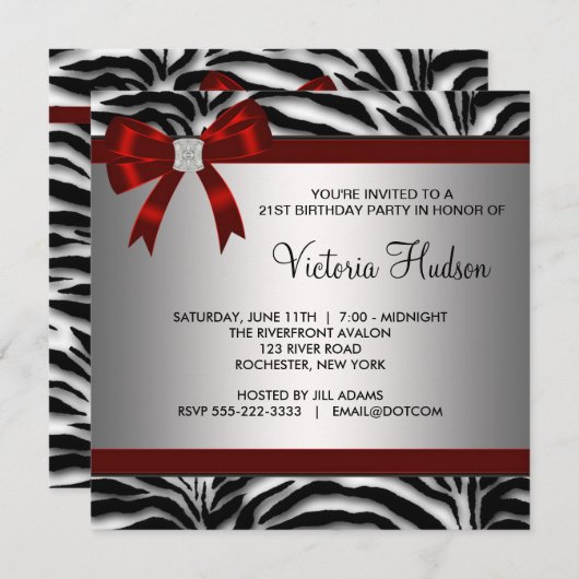 赤いシマウマの女の子の誕生日パーティー 招待状 (正面/裏面)