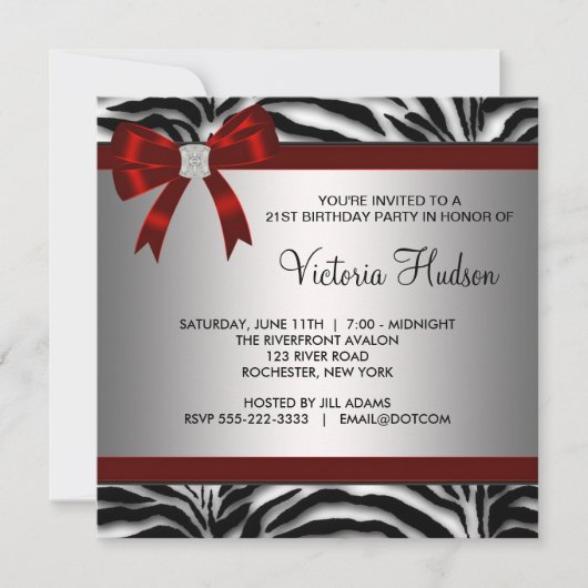 赤いシマウマの女の子の誕生日パーティー 招待状 (正面)