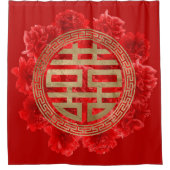 赤いシャクヤクの二重幸福の記号 シャワーカーテン (正面)