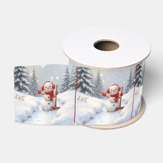 赤いシャベルのクリスマスの雪だるま グログランリボン (リール)