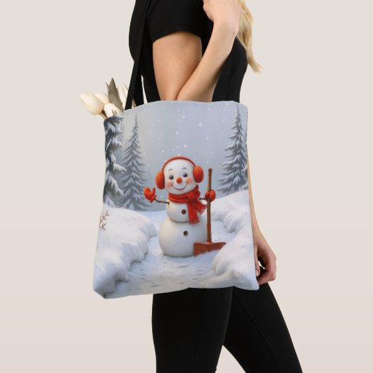 赤いシャベルの雪だるま トートバッグ (クローズアップ)