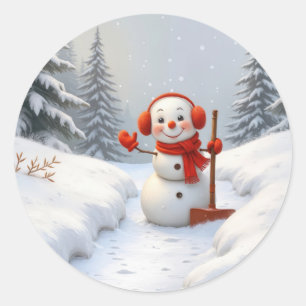 赤いシャベルを持つクリスマスの雪だるま ラウンドシール