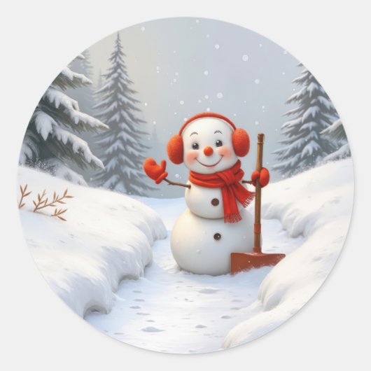 赤いシャベルを持つクリスマスの雪だるま ラウンドシール (正面)