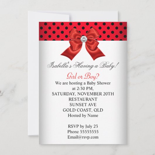 赤いシャワー性別が赤い白黒点を明らかにする 招待状 (裏面)
