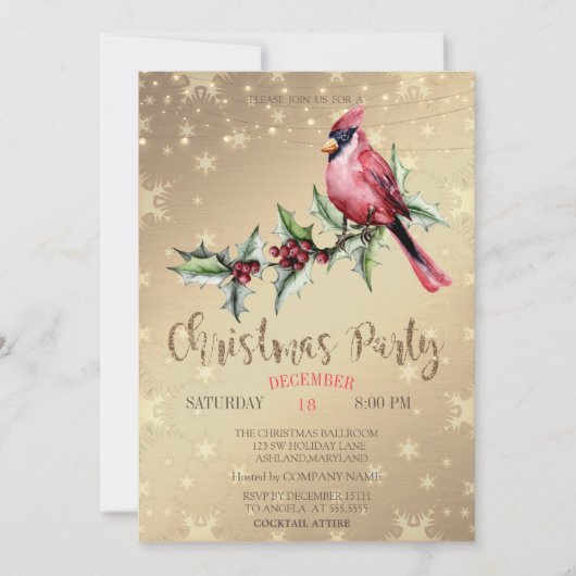 赤いショウジョウコウカチョウ+ヒイラギの実+星+ゴールドのクリスマス 招待状 (正面)