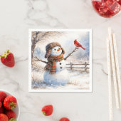 赤いショウジョウコウカンチョウと雪だるま スタンダードカクテルナプキン (インサイチュ)