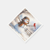 赤いショウジョウコウカンチョウと雪だるま スタンダードカクテルナプキン (角)