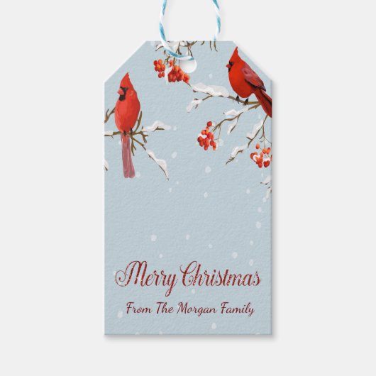 赤いショウジョウコウカンチョウ 鳥 木 雪 クリスマス ギフトタグ (正面)