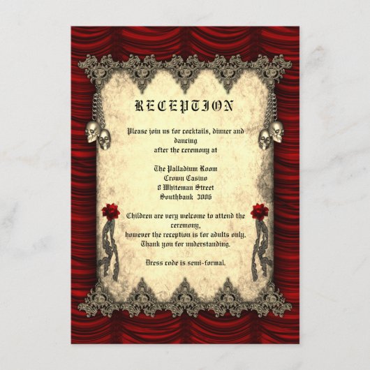赤いシルクとスカル金ゴールドゴシック式ウェディングレセプション エンクロージャーカード (正面)