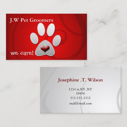 赤いシルバーの前足のプリントと赤いハート 名刺 (正面/裏面)