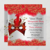 赤いシルバー ゴールド マスク マスカレード バースデー パーティー 招待状 (正面/裏面)