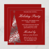 赤いシルバー スワール クリスマス ツリー ホリデー パーティー 招待状 (正面/裏面)