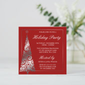 赤いシルバー スワール クリスマス ツリー ホリデー パーティー 招待状 (スタンド正面)