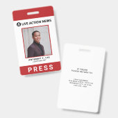 赤いシンプルロゴを押す従業員の写真ID バッジ (表裏)