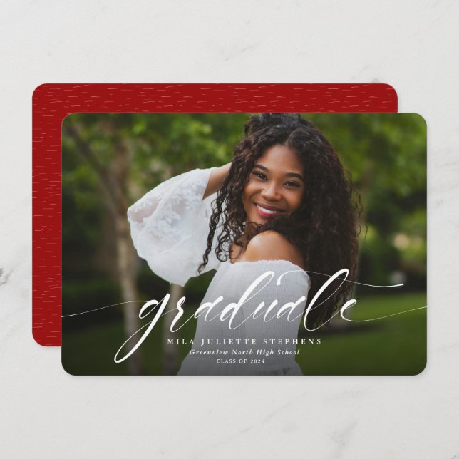 赤いシンプル卒業写真の発表 (正面/裏面)