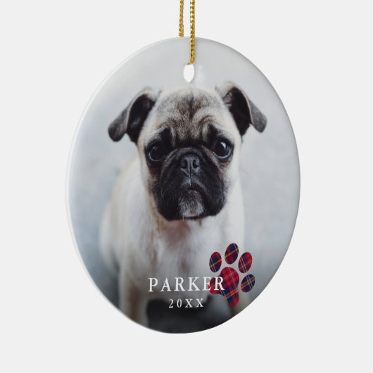 赤いシンプル格子模様のポーフォトペットクリスマス セラミックオーナメント (右)