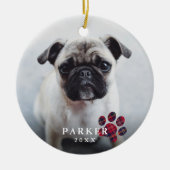 赤いシンプル格子模様のポーフォトペットクリスマス セラミックオーナメント (正面)