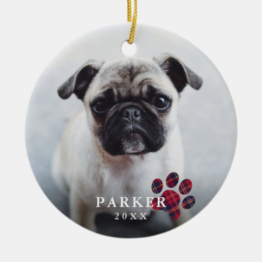 赤いシンプル格子模様のポーフォトペットクリスマス セラミックオーナメント (正面)