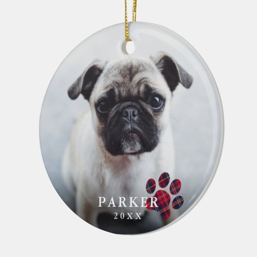 赤いシンプル格子模様のポーフォトペットクリスマス セラミックオーナメント (左)