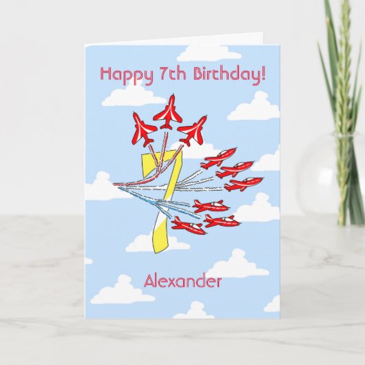 赤いジェット機 - 7歳の誕生日カード (青空) カード (正面)