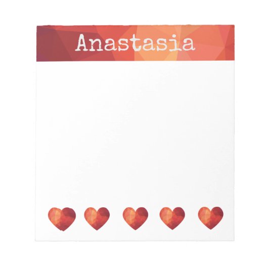 赤いジオメトリックハートパーソナライズされたと名前フレーム ノートパッド (正面)