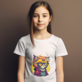 赤いジャケットとメガネをかけたオレンジのフワフワ猫 Tシャツ