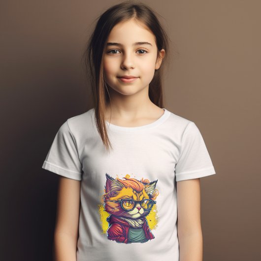 赤いジャケットとメガネをかけたオレンジのフワフワ猫 Tシャツ