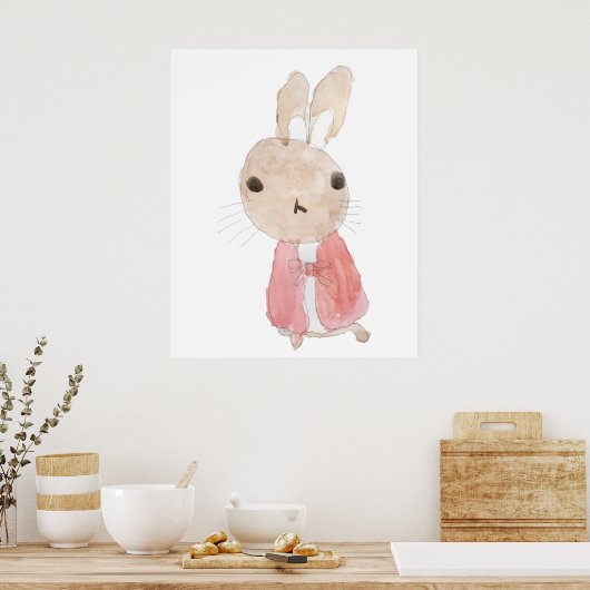 赤いジャケットウォータカラーの可愛いバニー2023 ポスター (キッチン)