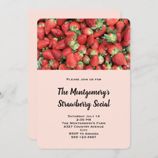 赤いジューシーなイチゴのバッチ – ストロベリーソーシャル 招待状 (正面/裏面)