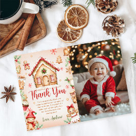 赤いジンジャーブレッドハウスの誕生日パーティーの写真 サンキューカード