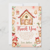 赤いジンジャーブレッドハウスの誕生日パーティー サンキューカード (正面)