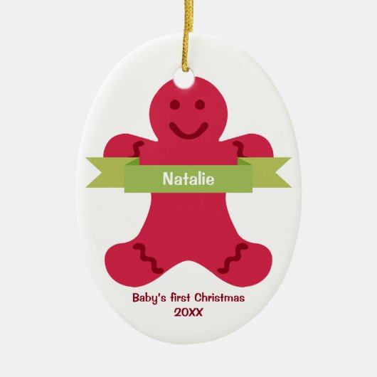赤いジンジャーブレッド子供の緑のバナー名ベビー最初 セラミックオーナメント (正面)