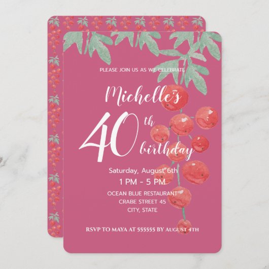 赤いスイカズラの実 水彩 手描き 招待状 (正面/裏面)