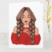 赤いスウェーターを着て冬にホットチョコレートを飲む カード (黄色い花)