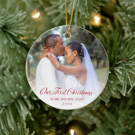 赤いスエレガントクリプトの写真初めてのクリスマス セラミックオーナメント (ツリー)