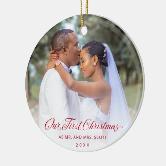 赤いスエレガントクリプトの写真初めてのクリスマス セラミックオーナメント (左)