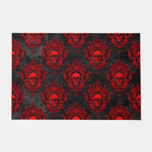 赤いスカルおよびゴシック様式黒 ドアマット (正面)