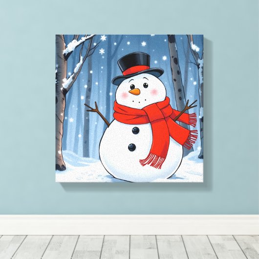 赤いスカーフで冷たい森の雪だるま キャンバスプリント (インサイチュ (ウッドフロア))