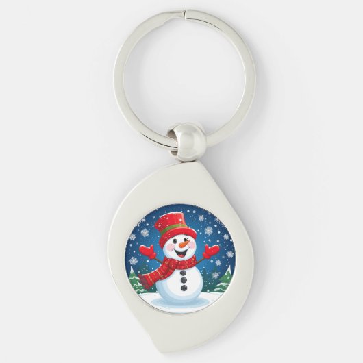 赤いスカーフと帽子の明るい雪だるま キーホルダー (正面)