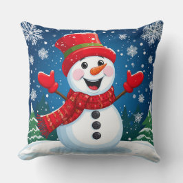 赤いスカーフと帽子の明るい雪だるま クッション