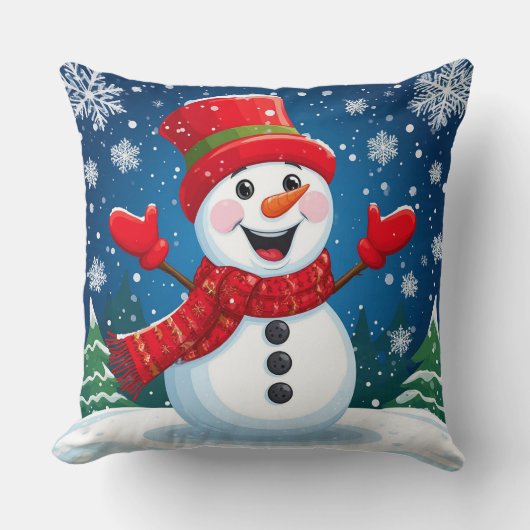 赤いスカーフと帽子の明るい雪だるま クッション (正面)
