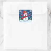 赤いスカーフと帽子の明るい雪だるま スクエアシール (バッグ)