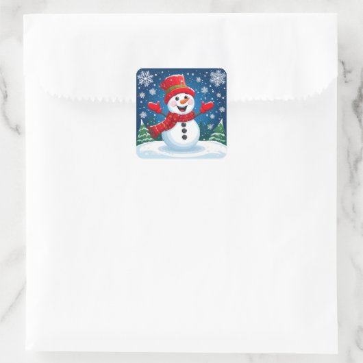 赤いスカーフと帽子の明るい雪だるま スクエアシール (バッグ)