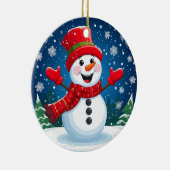 赤いスカーフと帽子の明るい雪だるま セラミックオーナメント (右)