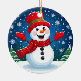 赤いスカーフと帽子の明るい雪だるま セラミックオーナメント