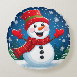 赤いスカーフと帽子の明るい雪だるま ラウンドクッション