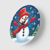 赤いスカーフと帽子の明るい雪だるま ラウンド壁時計 (傾斜)