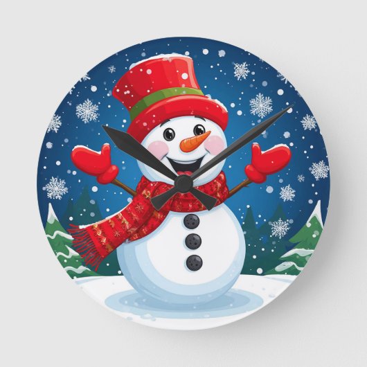 赤いスカーフと帽子の明るい雪だるま ラウンド壁時計 (正面)